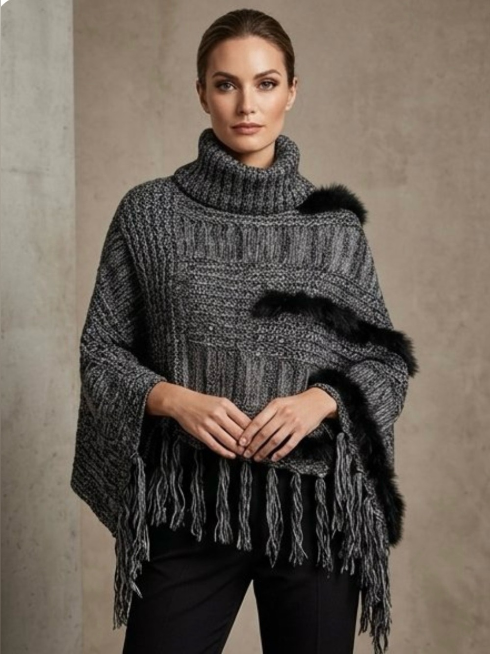 Fringe & Fur Detail Turtleneck Cape Sz M/L